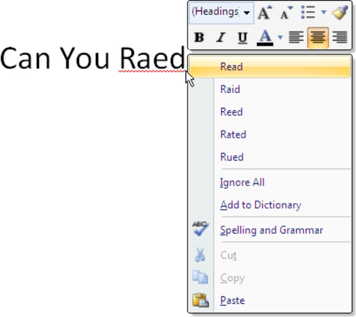 Figure 4-15: Right-click a redlined word to correct a typo or repeated word.